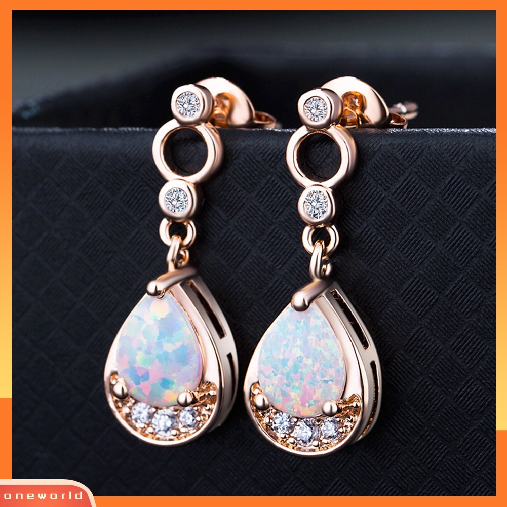 [WOD] Wanita Bling Berlian Imitasi Hias Imitasi Opal Droplet Pendant Stud Earrings Perhiasan