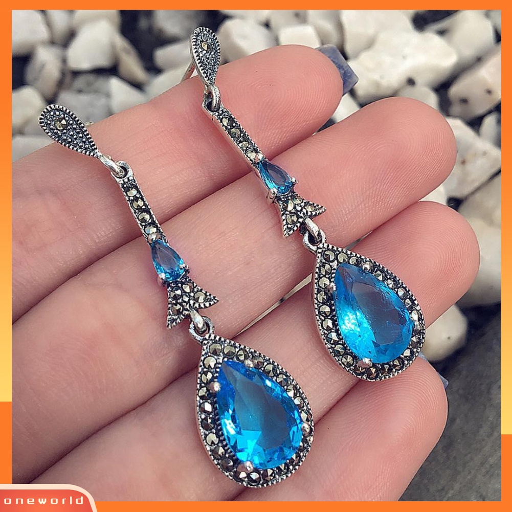 [WOD] Vintage Wanita Berlian Imitasi Bertatahkan Panjang Menjuntai Anting Tetesan Air Eardrops Perhiasan