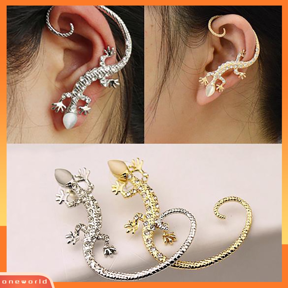 [WOD] Wanita Fashion Gothic Punk Berlian Imitasi Tokek Cicak Telinga Manset Stud Klip Anting