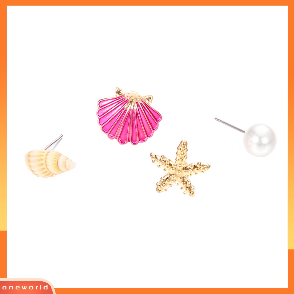 [WOD] 4pcs/set Musim Panas Pantai Bintang Laut Kerang Mutiara Imitasi Wanita Stud Earrings Hadiah