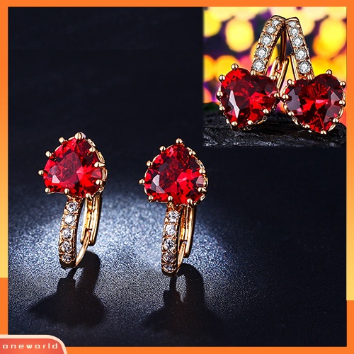 [WOD] Wanita Cinta Merah Hati Zirkon Lapis Emas 18K Leverback Huggie Earrings Perhiasan