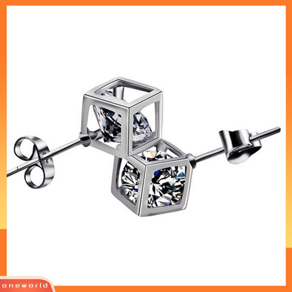 [WOD] Pengantin Perak Disepuh Persegi Magic Cube CZ Stud Anting Wanita Perhiasan Pesona Hadiah