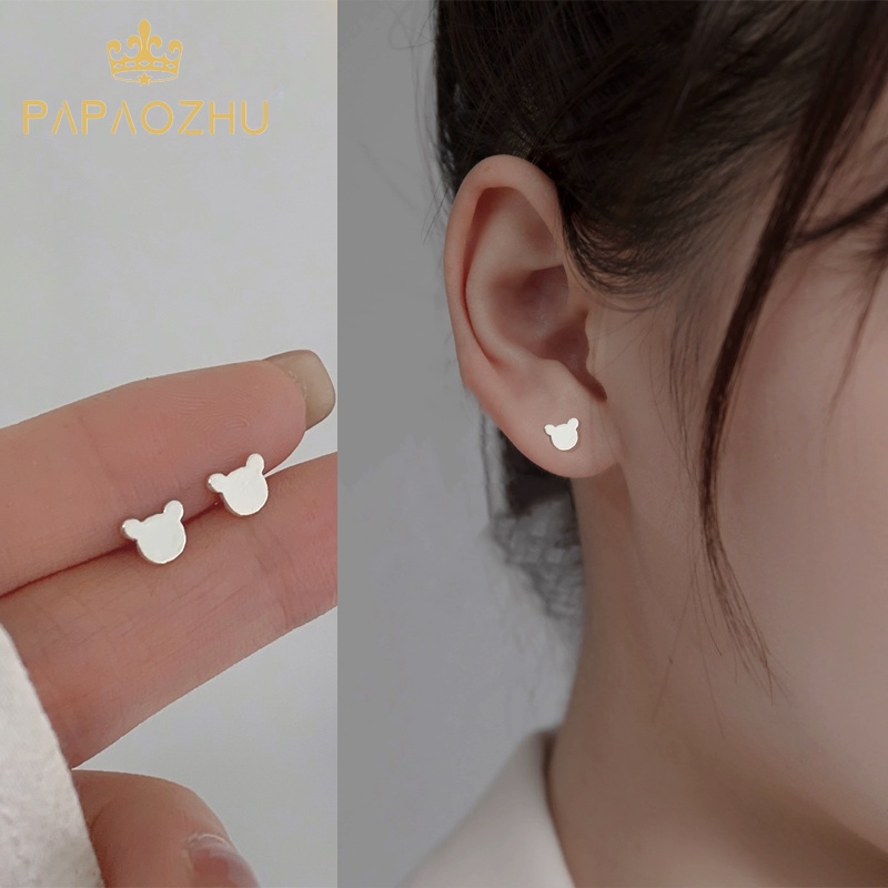 Papaozhu Korea Lucu S925 Perak Beruang Kecil Stud Anting-Anting Untuk Wanita Gadis Lucu Anti Alergi Anting-Anting Fashion Telinga Perhiasan Aksesoris