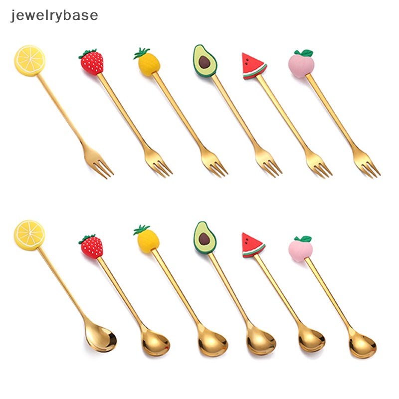 [jewelrybase] Stainless Steel Sendok Garpu Kartun Buah Macaron Dessert Sendok Garpu Buah Anak Set Aksesoris Dapur Butik