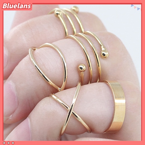 [BLS] 6pcs /Set Wanita Golden Tone Stack Polos Slim Band Midi Ring Spiral Knuckle Rings