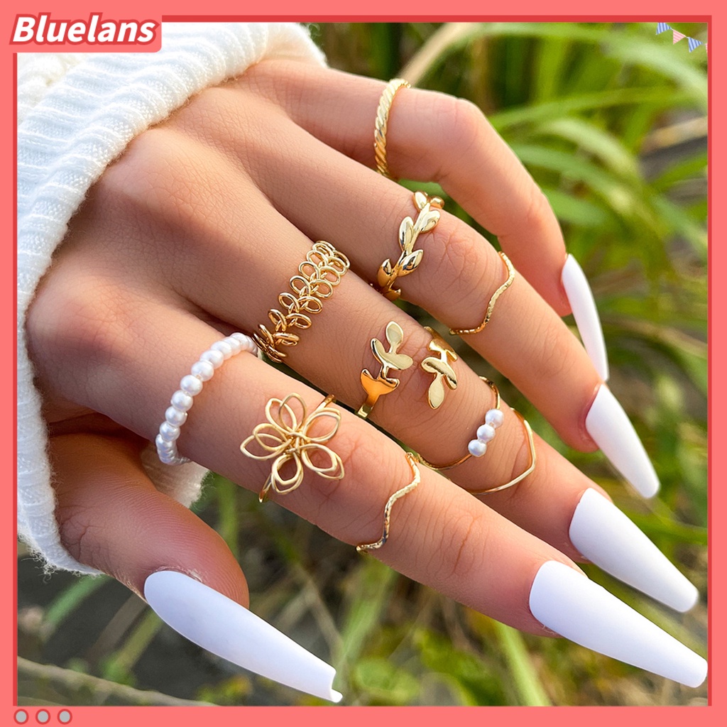 [BLS] 10pcs Cincin Jari Hollow Out Bunga Wanita Bohemian Electroplating Knuckle Rings Untuk Pesta