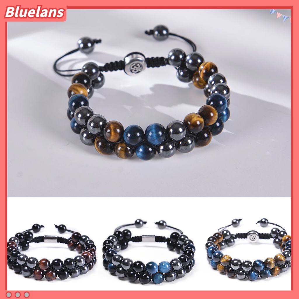 [BLS] Ic Gelang 8mm Manik-Manik Bulat Double-layer Braided Natural Tiger Eye Stone Adjustable Hadiah Fashion Perhiasan Pria Wanita Penghilang Stress Penyembuhan Bangle Untuk Harian