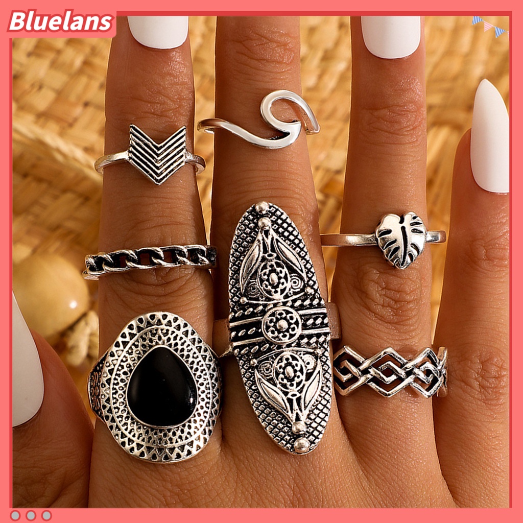 [BLS] 7pcs Cincin Bohemian Wanita Anti Tarnish Geometris Permata Imitasi Jari Cincin Set Perhiasan Untuk Pesta