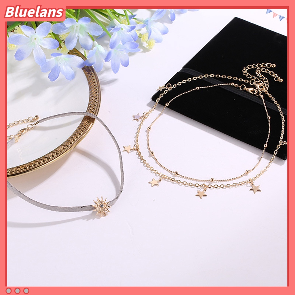 [BLS] 3 Pcs Wanita Kalung 3lapis Matahari Bintang Perhiasan Berlian Imitasi Bersinar Choker Kalung Untuk Pesta Pernikahan Perjamuan Prom