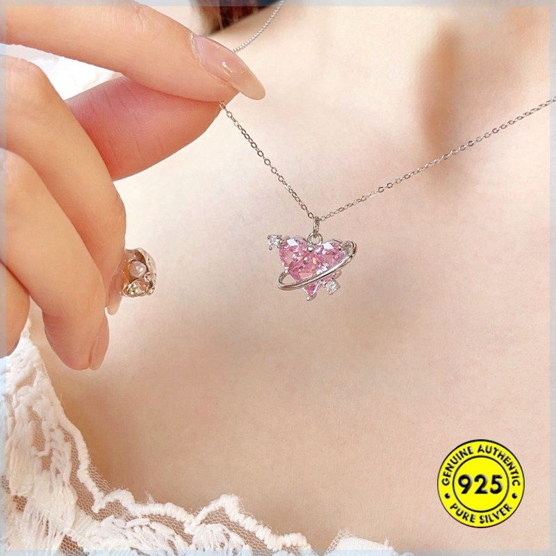 S925 Perak Pink Berlian Love Kalung Cahaya Mewah Manis Pink Planet Ornamen U1753