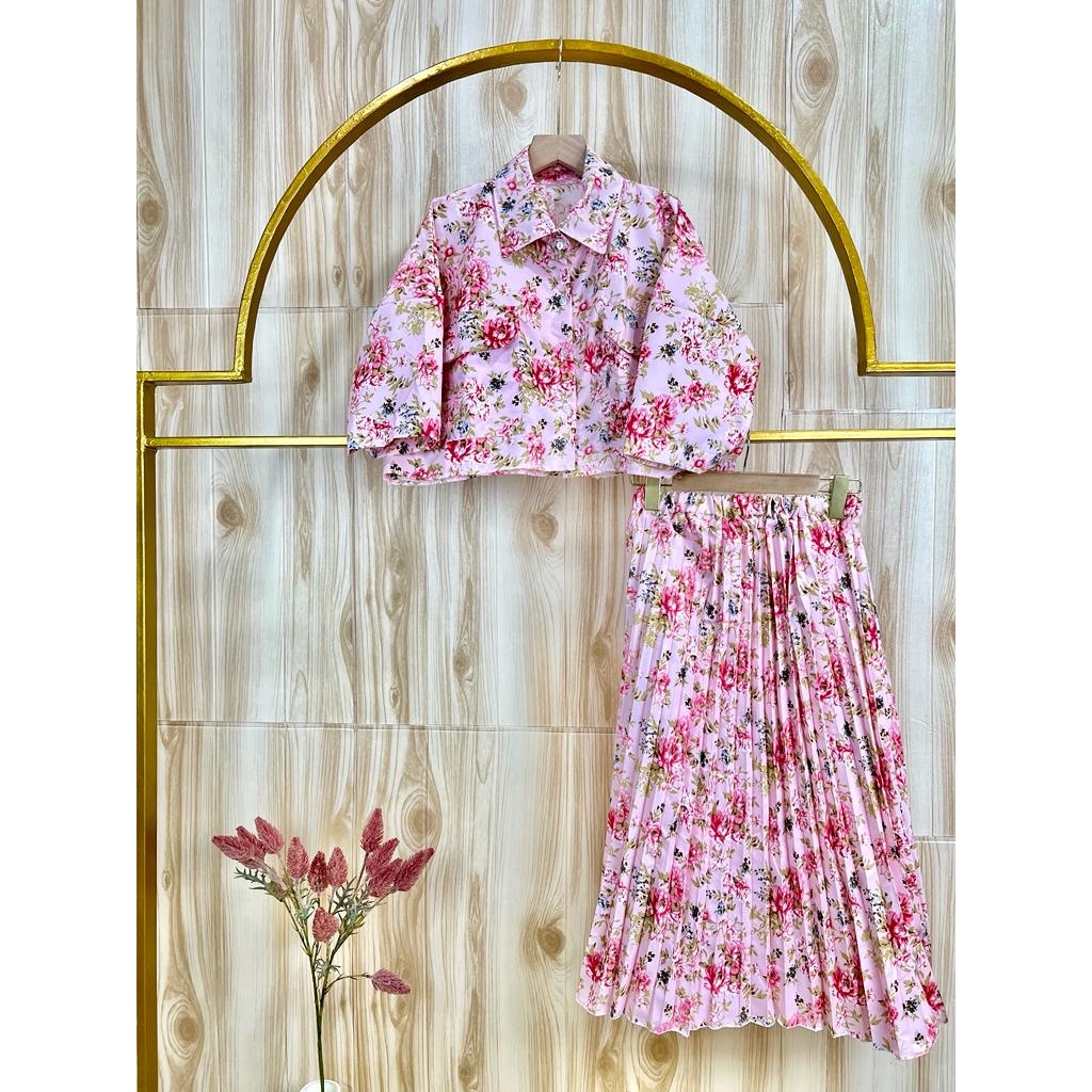 BEFAST - ZSO ONESET NANA / One Set Wanita Nature Korean Vintage Kemeja Crop &amp; Rok Midi Plisket / ONE SET BAJU WANITA FLORAL NATUR / SET FUJI Setelan Kekinian Remaja ABG Trendy / Oneset Wanita Casual Keluaran Terbaru / Set Atasan Kem Crop+Rok Midi Terlaris