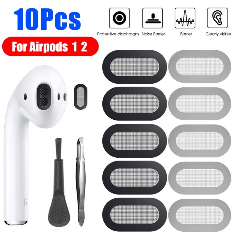 10pcs Earphone Port Tahan Debu Stiker Kompatibel Untuk Apple AirPods 12 Headphone Tergantikan Metal Mesh Filter Earbuds Anti-Debu Pelindung Penutup Earphone Aksesoris Dengan Pinset