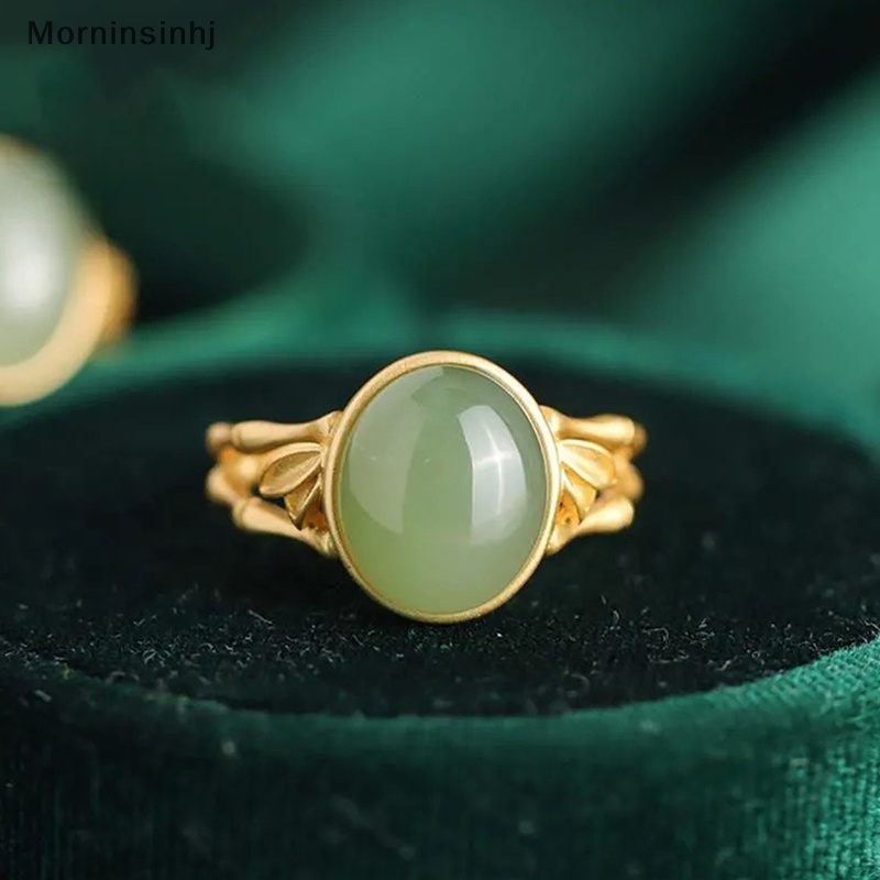 Mornin Warna Emas Kuno Kerajinan Hias Hijau Oval Hotan Jade Kreatif Bambu Terbuka Dapat Disesuaikan Cincin Untuk Wanita Elegan Klasik Perhiasan id