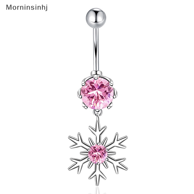 Mornin Kristal Zirkon Snowflake Pusar Kuku Stainless Steel Kreatif Pink Dan Putih Pusar Cincin Bar Untuk Wanita Perhiasan Tubuh Seksi id