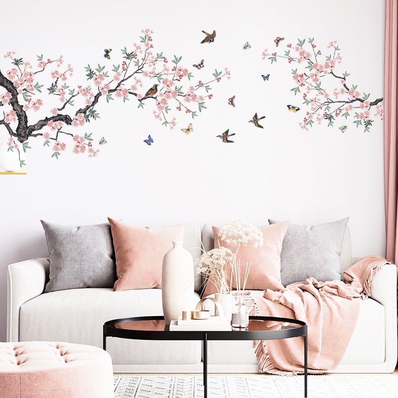 Plum Blossom Bunga Pohon Cabang Stiker Dinding Ruang Tamu Latar Belakang Dekorasi Burung Wallpaper Dekorasi Rumah Art Decals