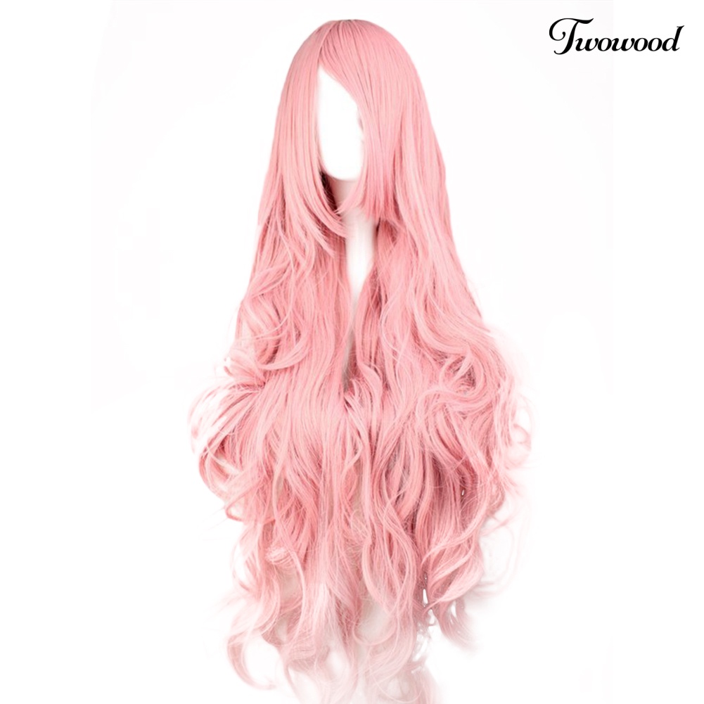 Twowood Pink Natural Wig Keriting Panjang Wanita Fashion Berbulu Sopak Untuk Pesta Cosplay