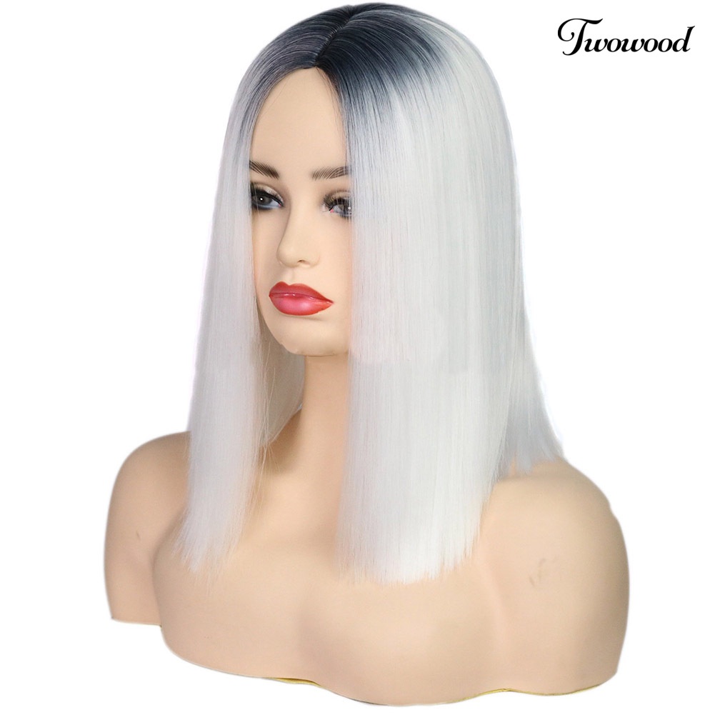 Twowood Fashion Wanita Hitam Putih Gradien Rambut Lurus Tahan Panas Wig Sintetis