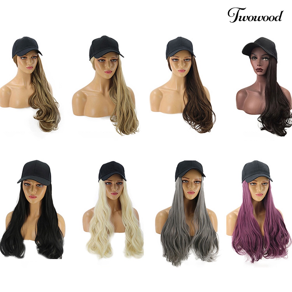 Twowood Wanita Gadis Keriting Panjang Wig Rambut Palsu Sintetis Hair Extension Dengan Topi Baseball