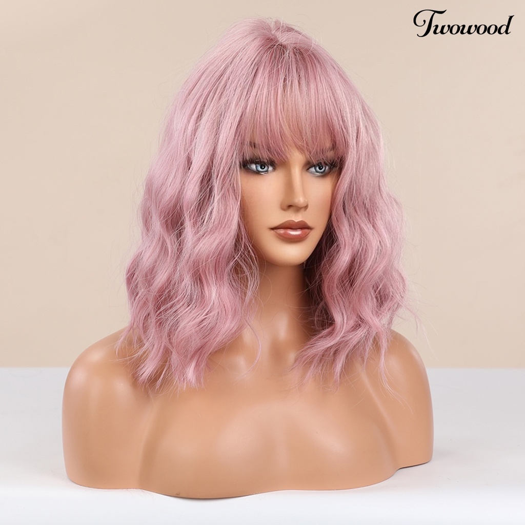 Twowood Cosplay Wig Universal Halus Ringan Pink Head Air Bangs Medium Long Curly Hair Wig Untuk Pesta