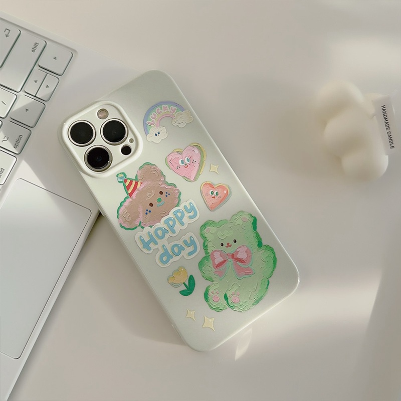 Nice Oil Painting Green Bear Soft Silicon Case iP iPhone 14 + Plus 11 12 13 Pro Max Cream FTD Girl Woman Casing Apple