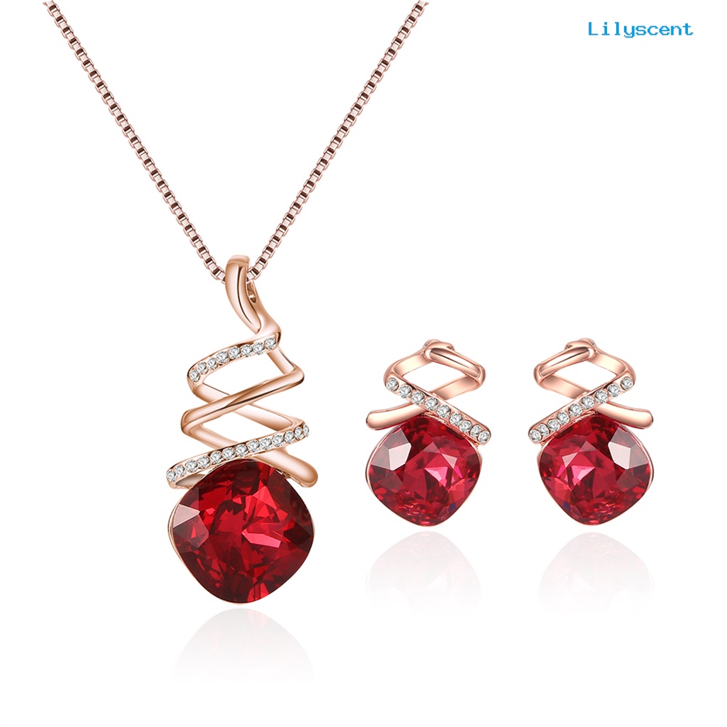 [LS]1 Set Wanita Kalung Geometris Cubic Zirconia Memutar Elegan Merah Persegi Berlian Imitasi Bertatahkan Stud Anting Kit Fashion Perhiasan