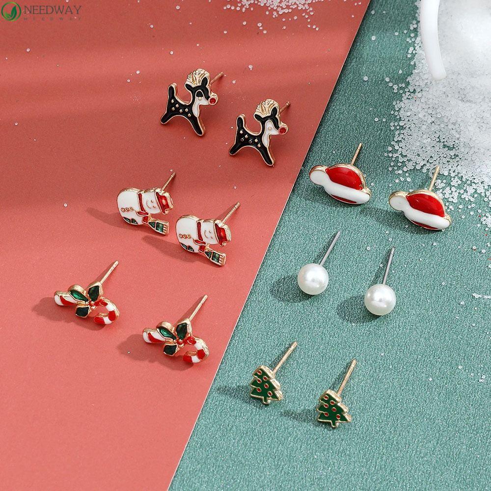 Needway Natal Stud Earrings Untuk Gadis Hadiah Kreatif Paduan Seng Elk Santa Claus Snowman Drip Minyak Bell Wanita Drop Earrings