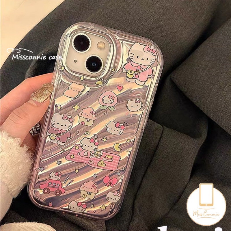 Doodle Kartun Lucu Hello Kitty Kartu Laser Casing Bening Kompatibel Untuk IPhone XR 11 12 13 14 Pro MAX 78 Plus 6 6S 7 8 Plus X XS MAX SE 2020 Sarung Pola Kerut Stereo 3D