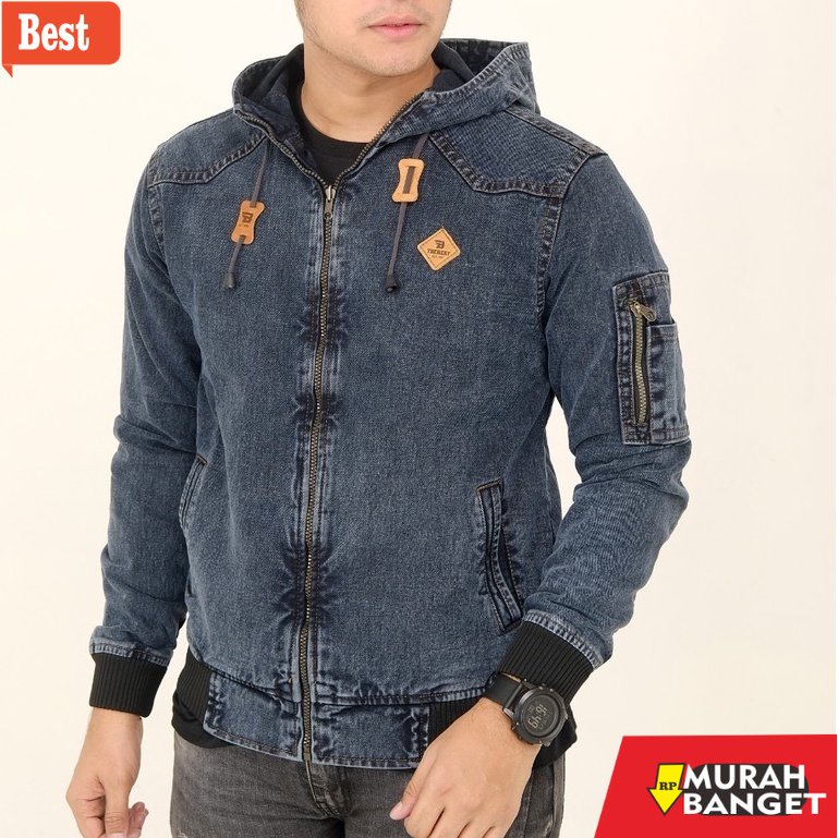 Jaket kulit pria terbaru- Jaket Jeans Hoodie Sandwoahs - Jaket Denim Pria Woshing - Jaket Jeans Topi