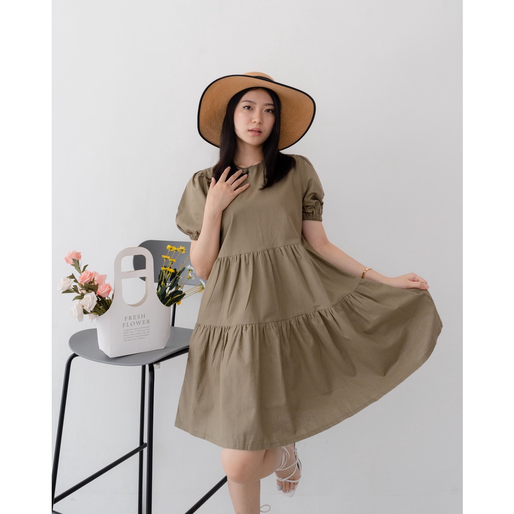 Ms Daisy Eloise Linen Puff-Sleeve Dress Wanita Kasual