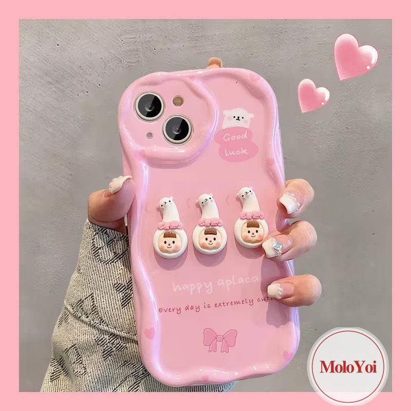 IPHONE Casing 3D Wavy Curved Edge Glossy Kompatibel Untuk Iphone11 12 14 13 Pro Max 7Plus XR XS X Max6 6s 7 8 Plus Se2020 Boneka 3D Pink Kartun Lucu Alpaka Cewek Soft Cover