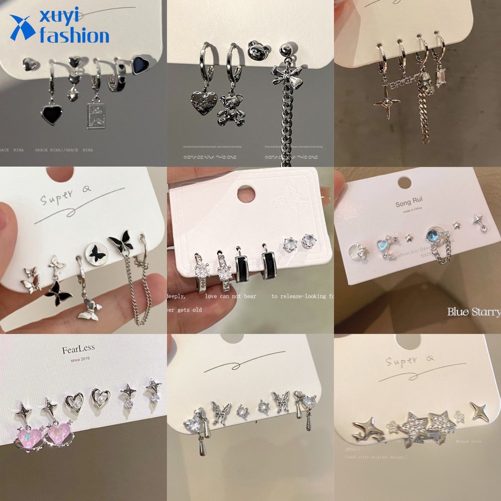 Y2k Busur Perak Set Anting Zirkon Hati Pentagram Drop Earring Untuk Wanita Fashion Perhiasan Aksesoris