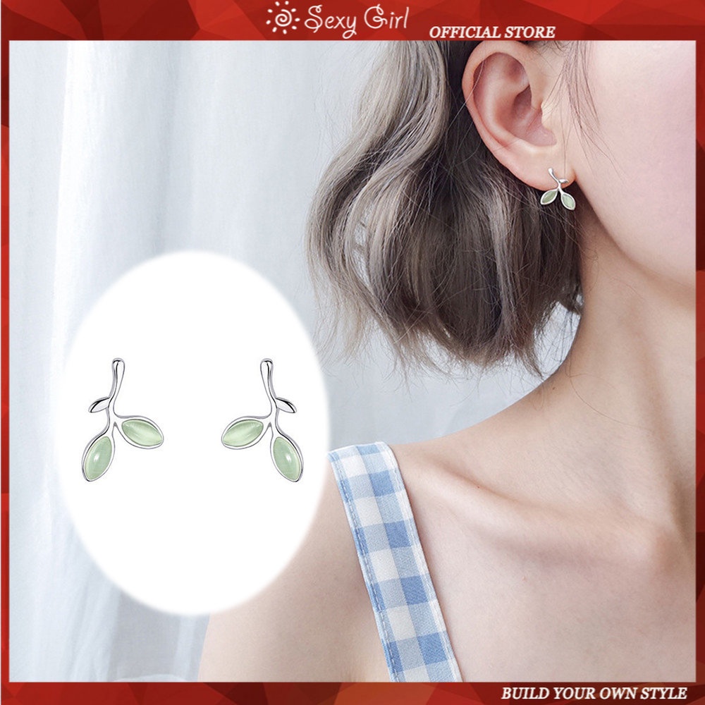 S925 Opal Daun Stud Earring Hijau Anting Wanita Telinga Perhiasan Aksesoris Gadis Seksi Perhiasan