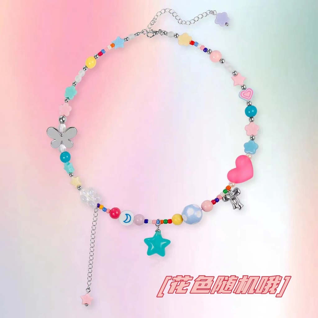 Super Cute~ Warna-Warni Bunga Cinta Manik-Manik Kalung Perempuan Kartun Manis Segar Manis Gadis Gadis Musim Panas Klavikula Rantai