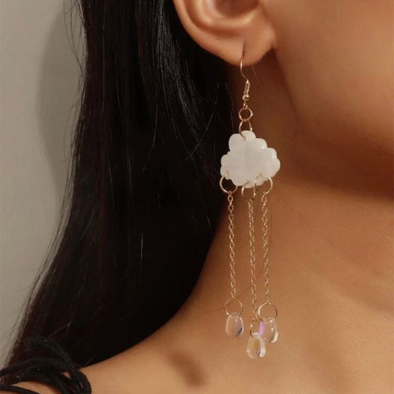 Raindrop Cloud White Crystal Droplet Rumbai Menjuntai Anting Cloud Drop Earrings Fashion Berlebihan Awan Kristal Anting Panjang Awan Akrilik Dan Raindrops Menjuntai Earrings