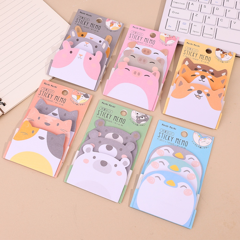 45lembar Kartun Hewan Berbentuk Sticky Notes /Kawaii Pinguin Babi Beruang Kucing Memo Pads/Mahasiswa Self-adhesive Planner Notepad Stiker/Perlengkapan Alat Tulis Kantor Sekolah