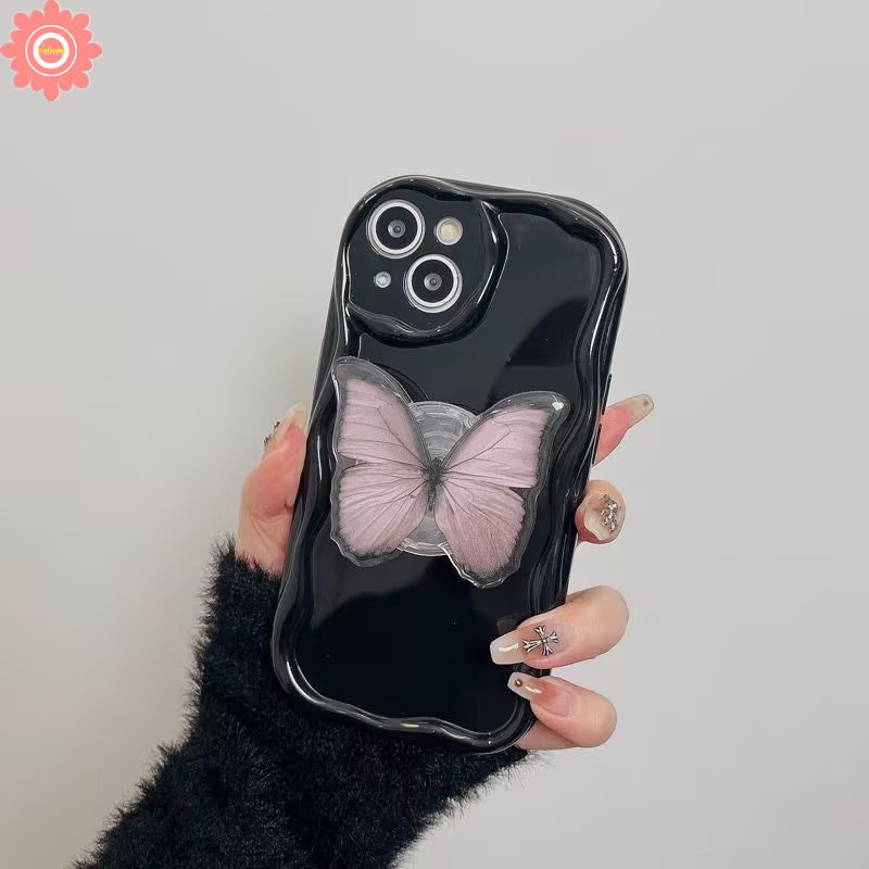 IPHONE Fantasy Casing Bracket Kupu-Kupu Kompatibel Untuk Iphone11Xr 7 6s 6 8 Plus 14 12 13 Pro Max X XS Max SE 2020stand Holder Cat Air Sederhana 3D Wavy Curved Edge Glossy Soft Cover