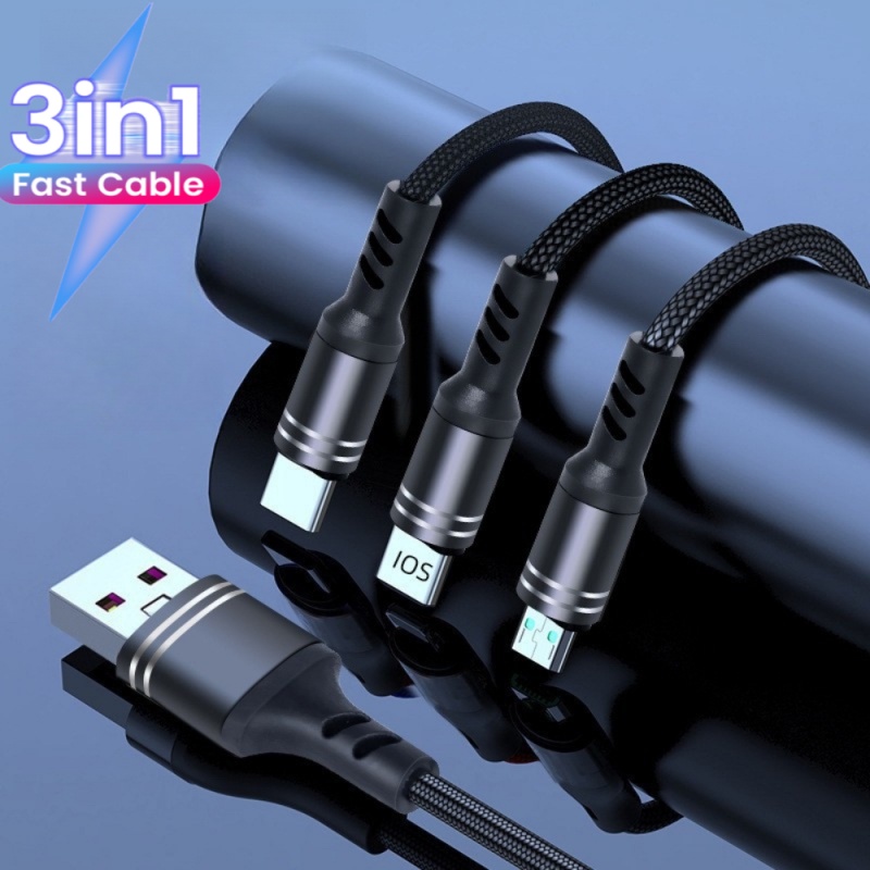 IPHONE Kabel 3in1 USB Tipe C Charger Kawat Micro USB Untuk Iphone14 13 12 X Pro Max Samsung PCPO Kabel Data Ponsel 1.2M