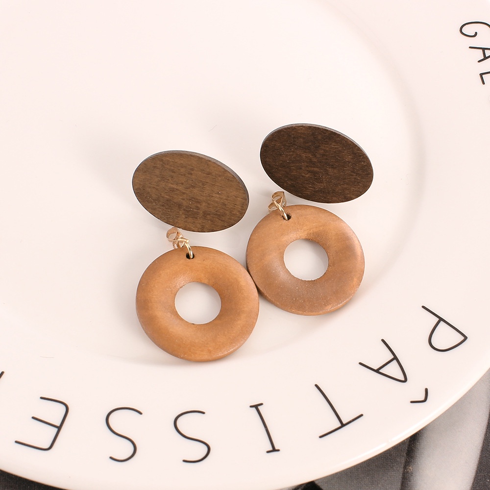 [FRA] Anting Kayu retro Modis fashion Wanita all-match oval ring log earrings Kepribadian Anting Panjang