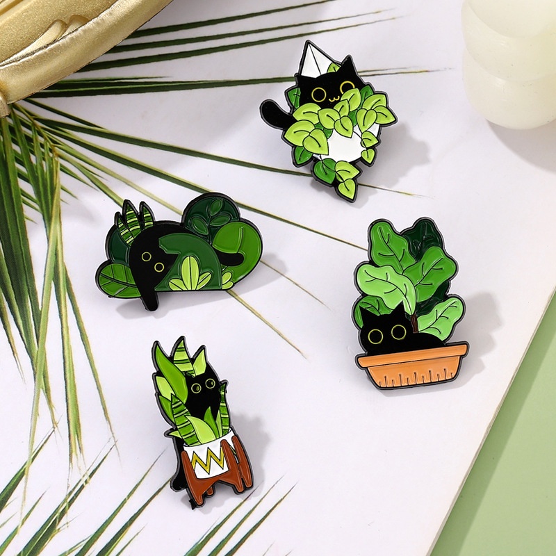 Menyenangkan Wanita Kartun Serbaguna Kucing Hitam Pot Tanaman Bros Teman Ransel Kawaii Brooch Pin Custom Anak Denim Kemeja Kerah Pakaian Jaket Perhiasan Hadiah Logam Enamel Pin Lucu