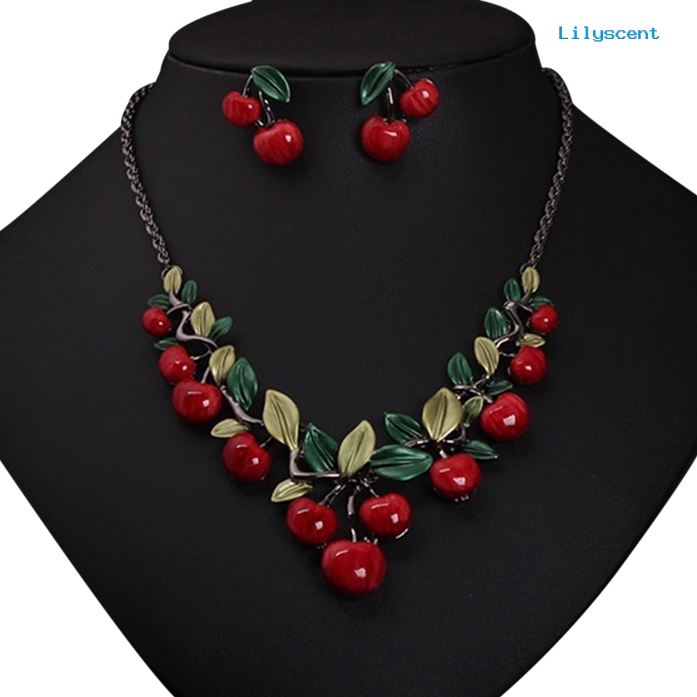 [LS]1 Set Perhiasan Buah Cherry Merah Vintage Set Chic Bridal Kalung Anting