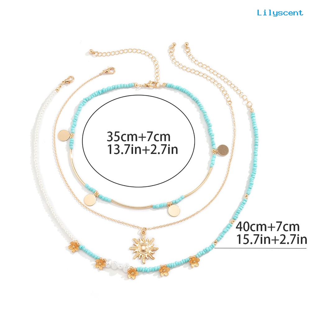 [LS]3 Pcs /Set Wanita Kalung Gaya Bohemia Multi Lapisan Mutiara Imitasi Payet Portable Lady Liontin Hadiah Ulang Tahun