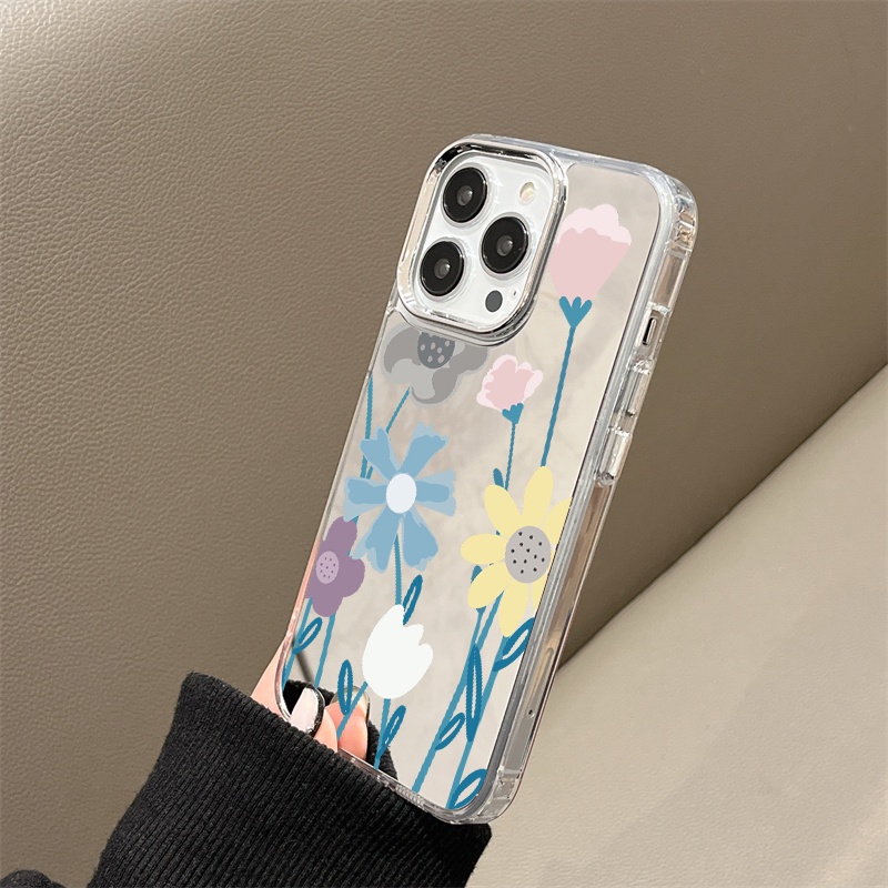 IPHONE Casing Ponsel Cermin Bunga Warna-Warni Kompatibel Untuk Iphone11 12 13 14 12Pro 13Pro 14Pro Pro Max XR X XS Max Electroplating Tombol Perlindungan Mirror Cover