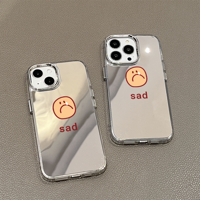 IPHONE Sad Emoji Mirror Phone Case Kompatibel Untuk Iphone11 12 13 14 12Pro 13Pro 14Pro Pro Max XR X XS Max Electroplating Tombol Perlindungan Mirror Cover