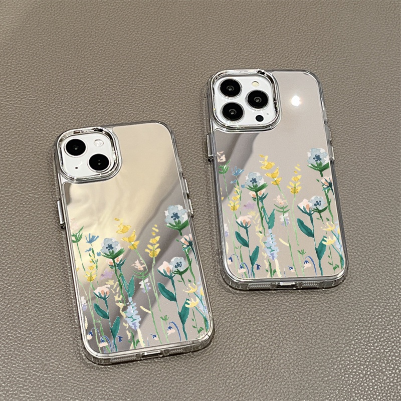 IPHONE Lukisan Cat Air Bunga Cermin Ponsel Case Kompatibel Untuk Iphone11 12 13 14 12Pro 13Pro 14Pro Pro Max XR X XS Max Electroplating Tombol Perlindungan Mirror Cover