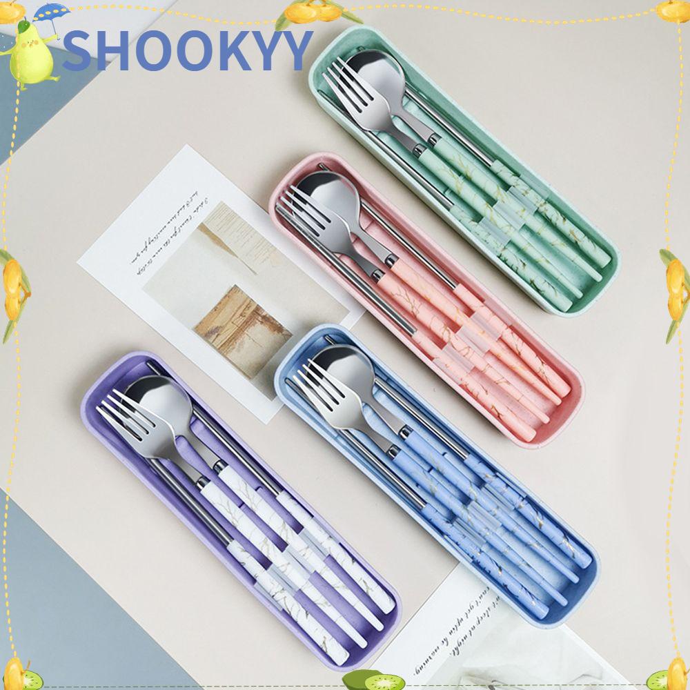 CHOOKYY Chookyy 3PCS /Set Set Alat Makan Portable Aksesoris Dapur Peralatan Makan Reusable Camping With Box Sendok Garpu Sumpit Set