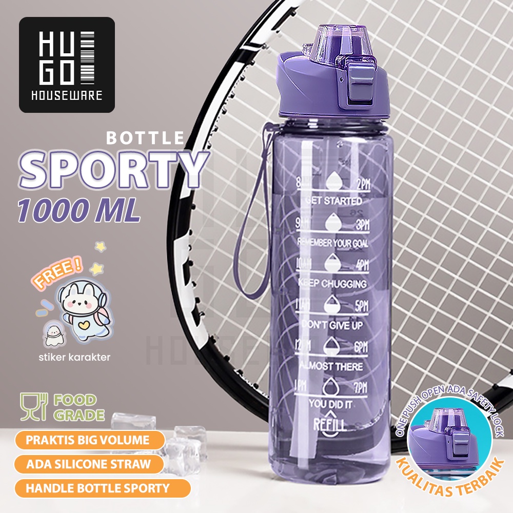 HUGO Botol Minum Motivasi 1 Liter Bening BPA FREE Gratis Stiker