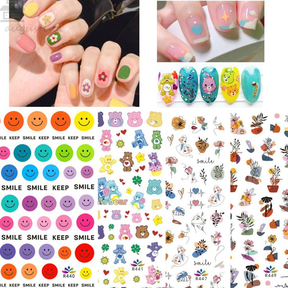 AUGUSTINA Agustina Stiker Nail Art Lucu Tahan Air Indah Smiley Face Awan Perekat Diri Manikur Aksesoris Bunga Angka Abstrak 3D Kuku Decal