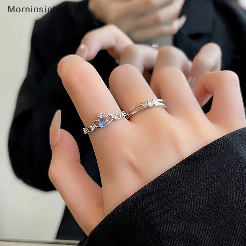 Mornin Cincin Pasangan Mahkota Moonstone Romantis Untuk Wanita Pecinta Warna Silver Zircon Moonlight Adjustable Open Ring Hadiah Perhiasan Pernikahan id