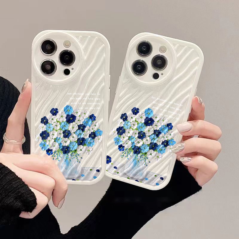 IPHONE Casing Ponsel Riak Air Bunga Biru Kompatibel Untuk Iphone11 13 12 14 Pro Max14 Plus XR X XS MAX 7Plus 8Plus 7 8 SE 2020 2022 Sarung Tahan Guncangan