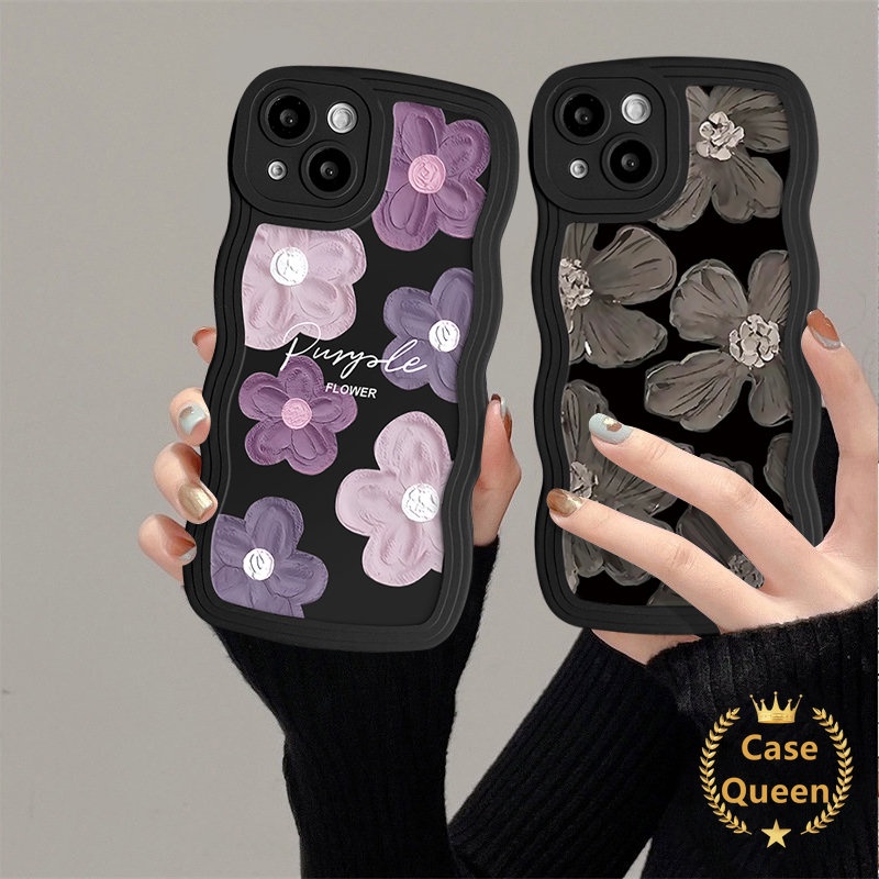 IPHONE Art Fashion Cat Minyak Warna Hitam Ungu Floral Case Kompatibel Untuk Iphone11 Pro Max 7Plus XR XS X Max 13 14 12 Pro Max8 6 7 6s Plus SE 2020bunga Segar Lembut Tpu Bergelombang Penutup Tepi